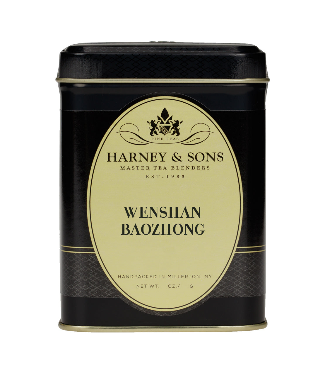 Black tin container of Harney & Sons Wenshan Baozhong tea, featuring elegant branding and a gold label.