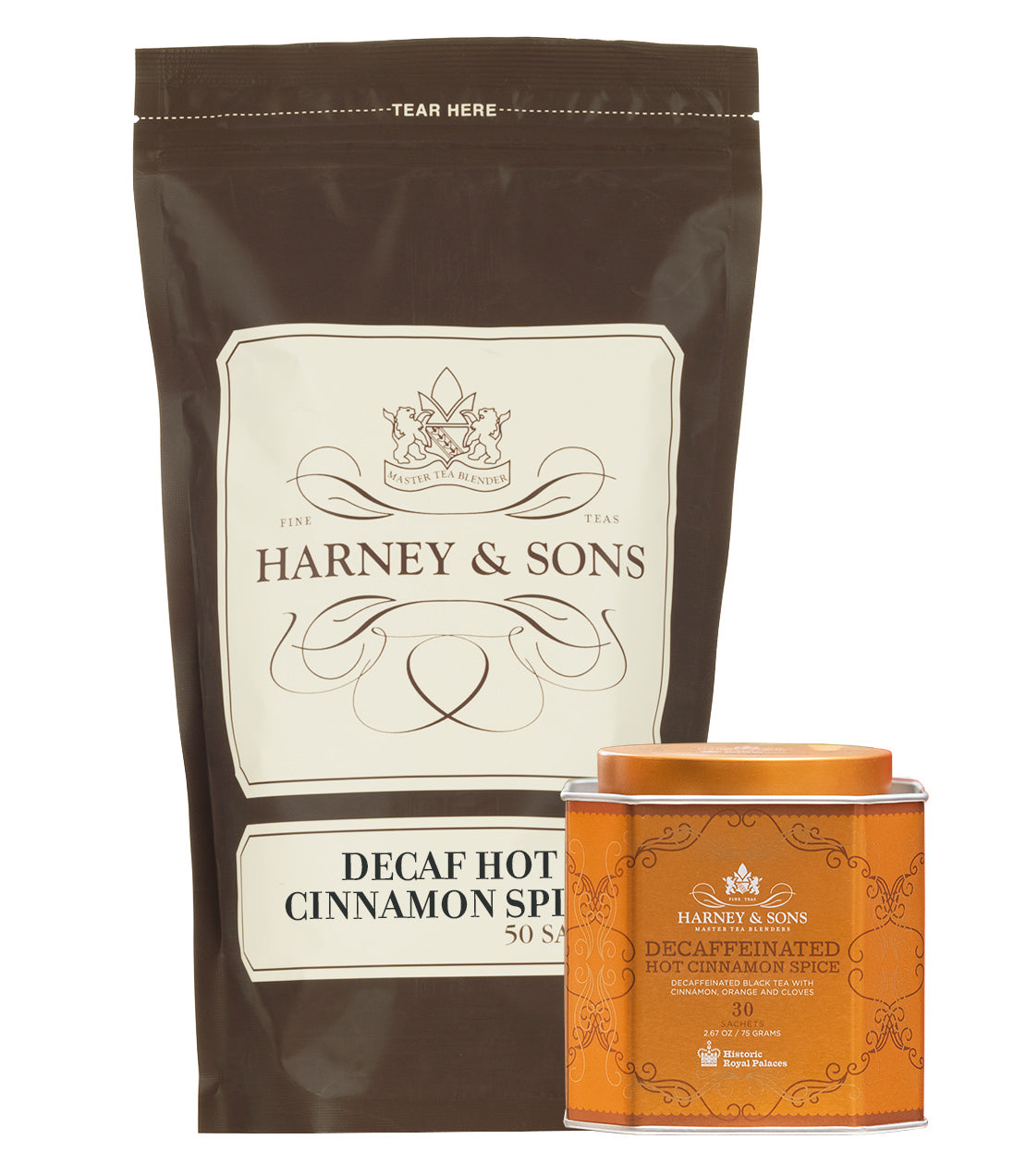 Harney & Sons Decaf Hot Cinnamon Lover Bundle featuring a 50-sachet bag and a 30-sachet tin of cinnamon spice tea.