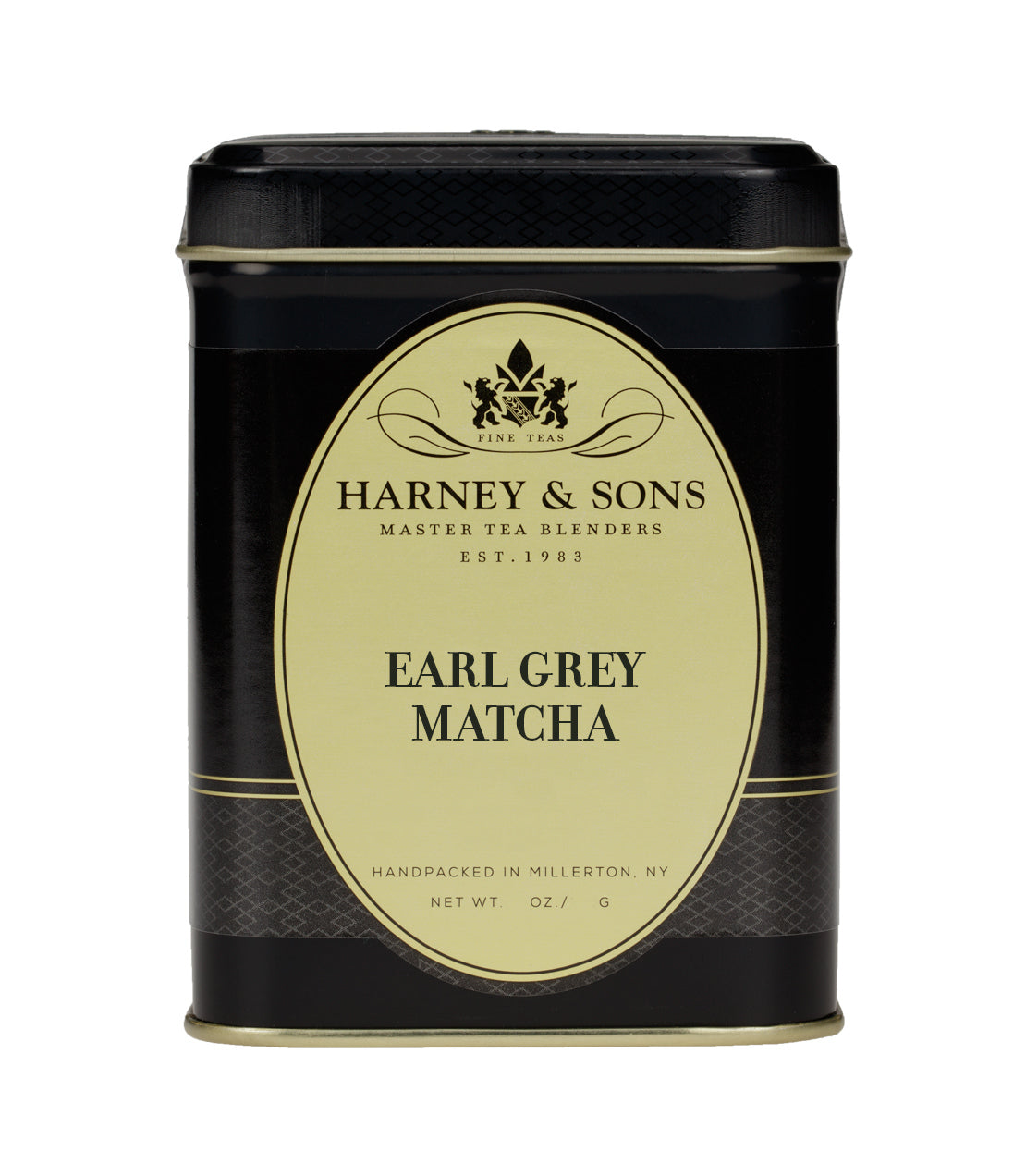 Harney & Sons Earl Grey Matcha tea tin, black and gold design, 3.5 oz, handpacked in Millerton, NY.