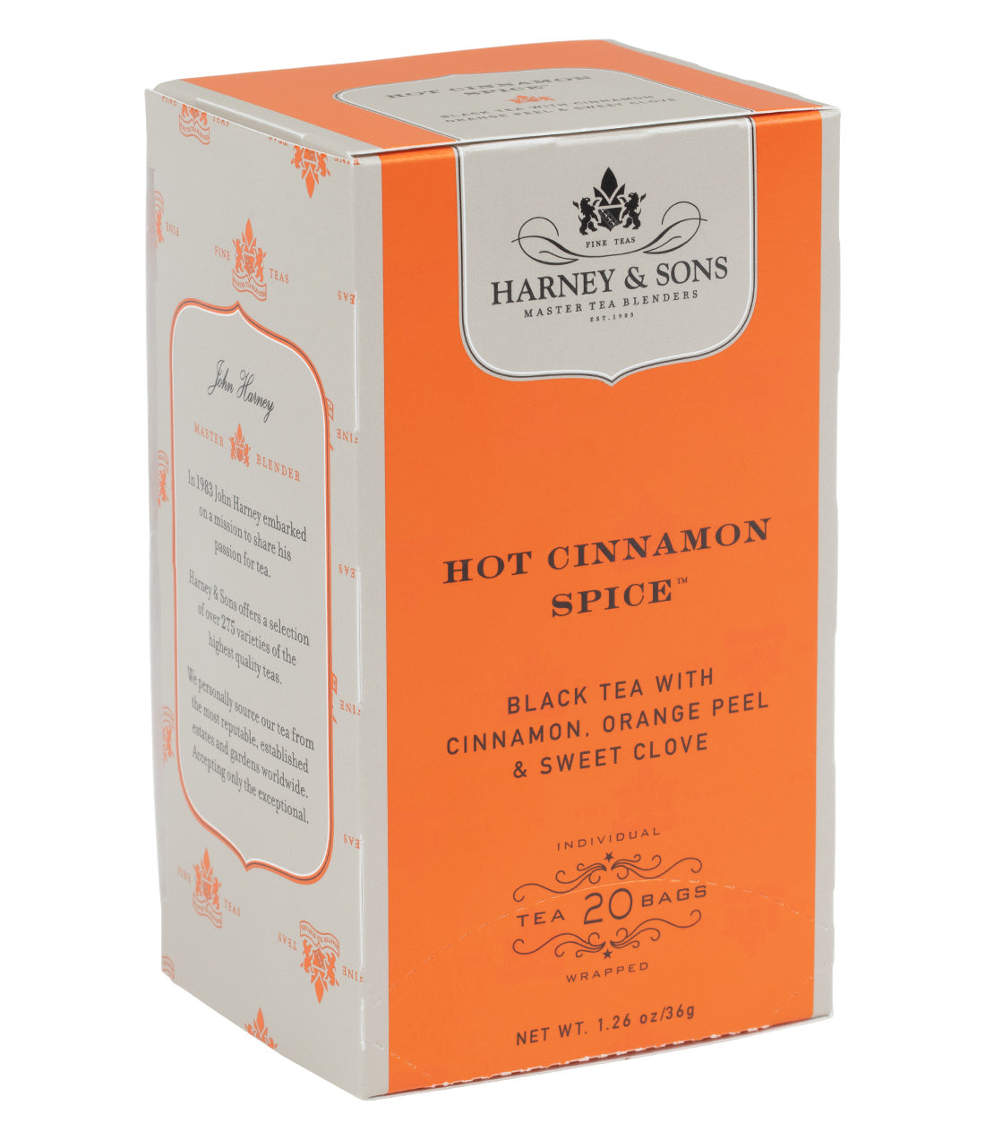 Box of 20 premium Hot Cinnamon Spice teabags featuring black tea with cinnamon, orange peel, and sweet clove.