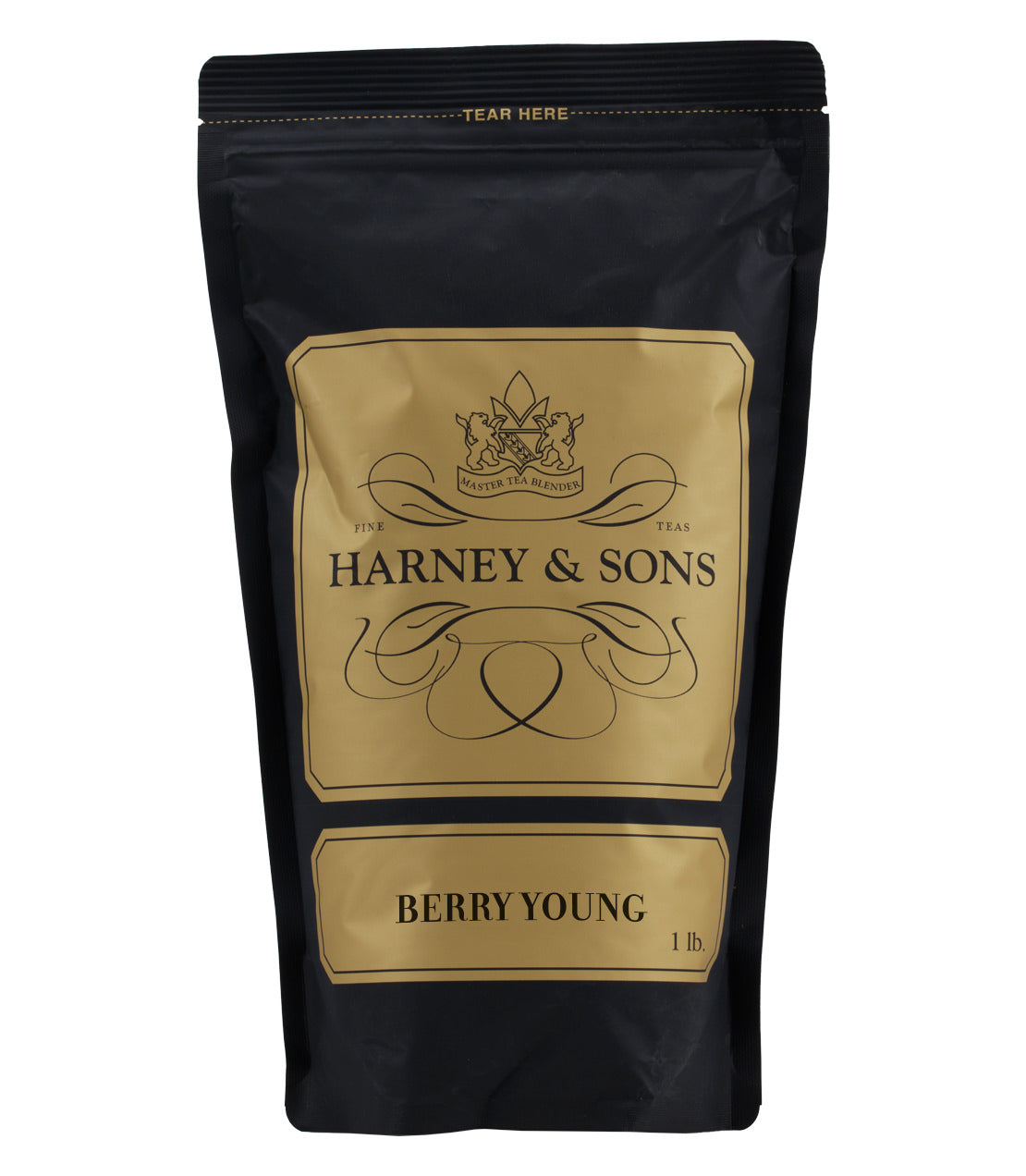 Harney & Sons Berry Young tea packaging, black bag with gold accents, 1 lb size.