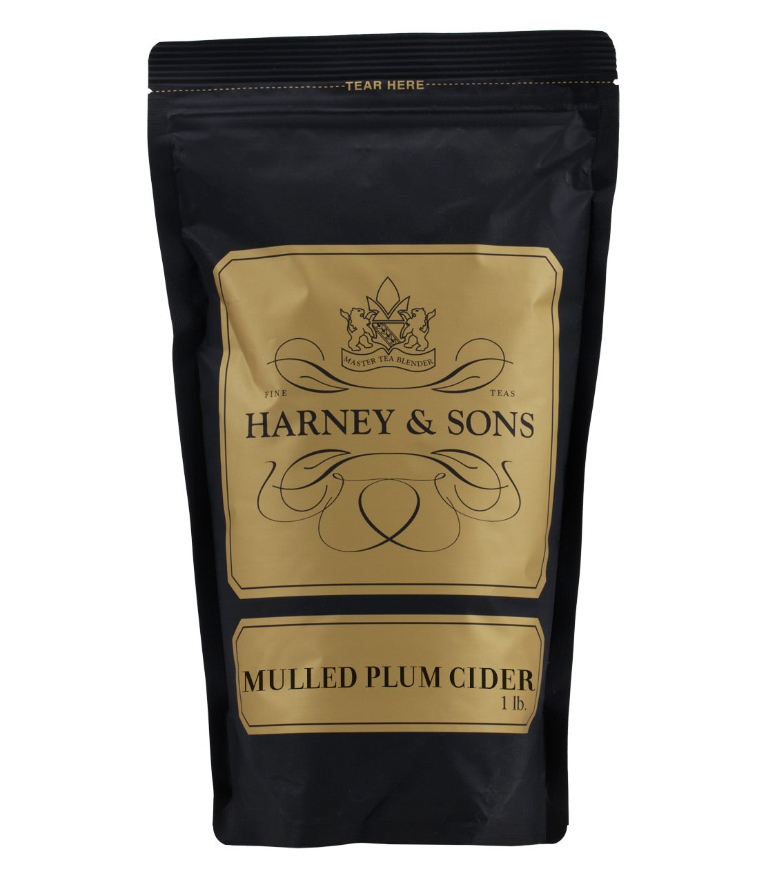Black pouch of Harney & Sons Mulled Plum Cider, 1 lb, featuring a gold label with elegant design.
