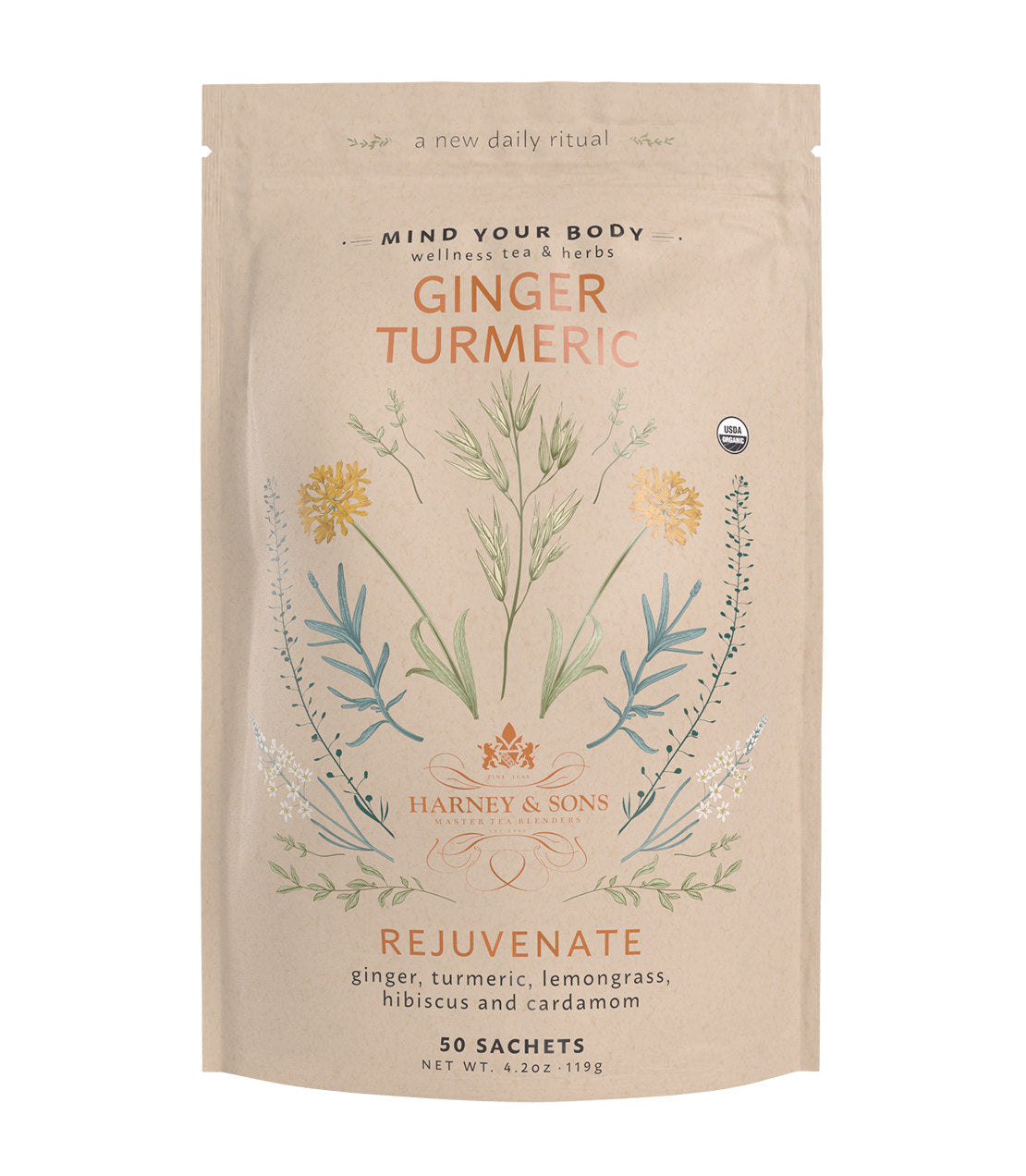 Organic Ginger Turmeric tea sachets by Harney & Sons, featuring a floral design and wellness benefits. 50 sachets included.