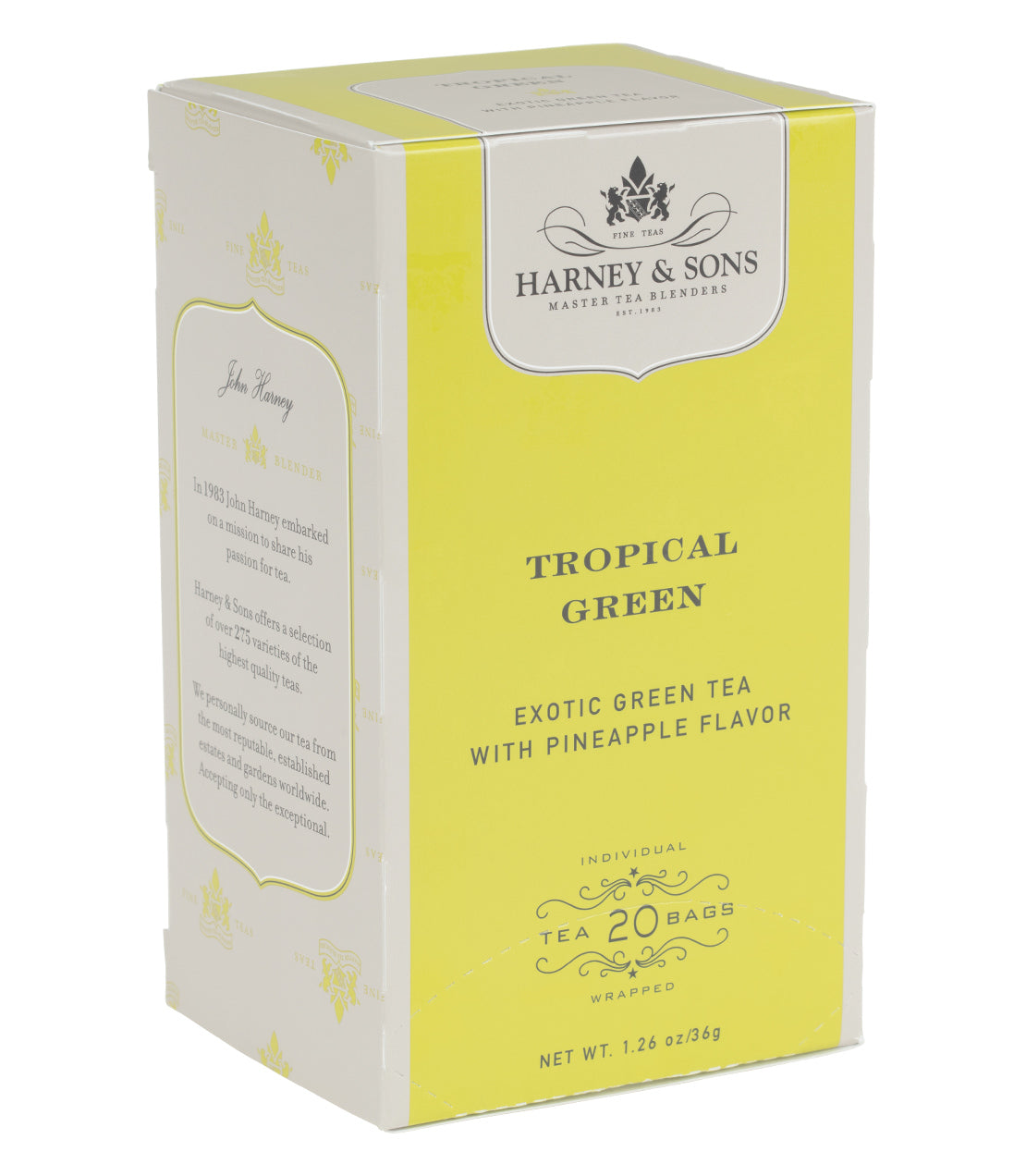 Tropical Green tea box featuring 20 premium teabags with pineapple flavor, by Harney & Sons.