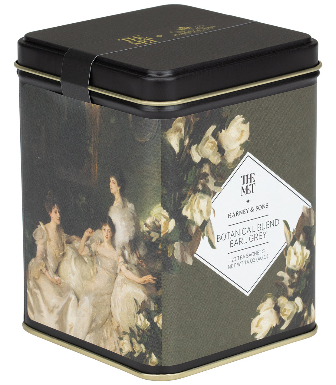 Tin of 20 sachets of Botanical Blend Earl Grey tea by Harney & Sons, featuring a floral design.