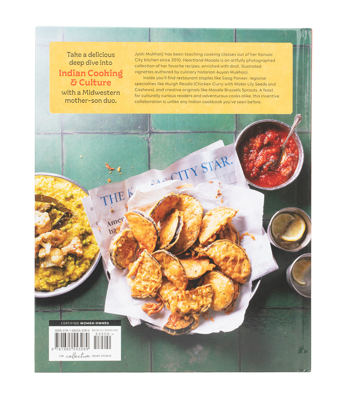 Heartland Masala Chai Tea and cookbook bundle featuring Indian dishes, vibrant photography, and a rustic table setting.