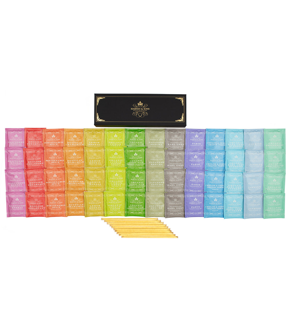 Harney & Sons Fine Teas- Teabag & Honey Sampler- Overhead shot of 56 teabags of multiple colors with a black box with gold text and trim and 10 sticks of honey