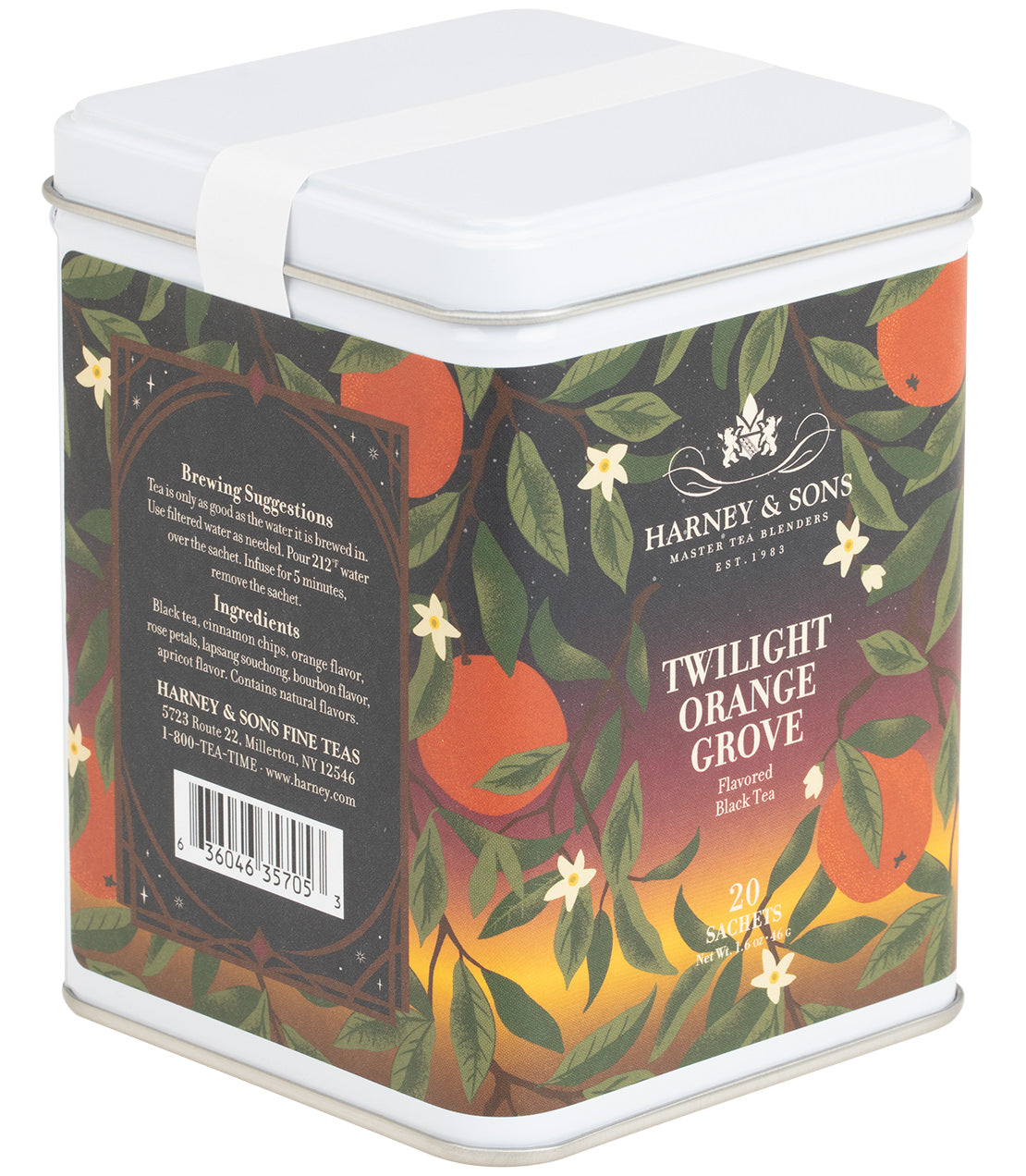 Harney & Sons Fine Teas- Twilight Orange Grove- Flavored Black Tea- White tin of 20 sachets with oranges at sunset label-