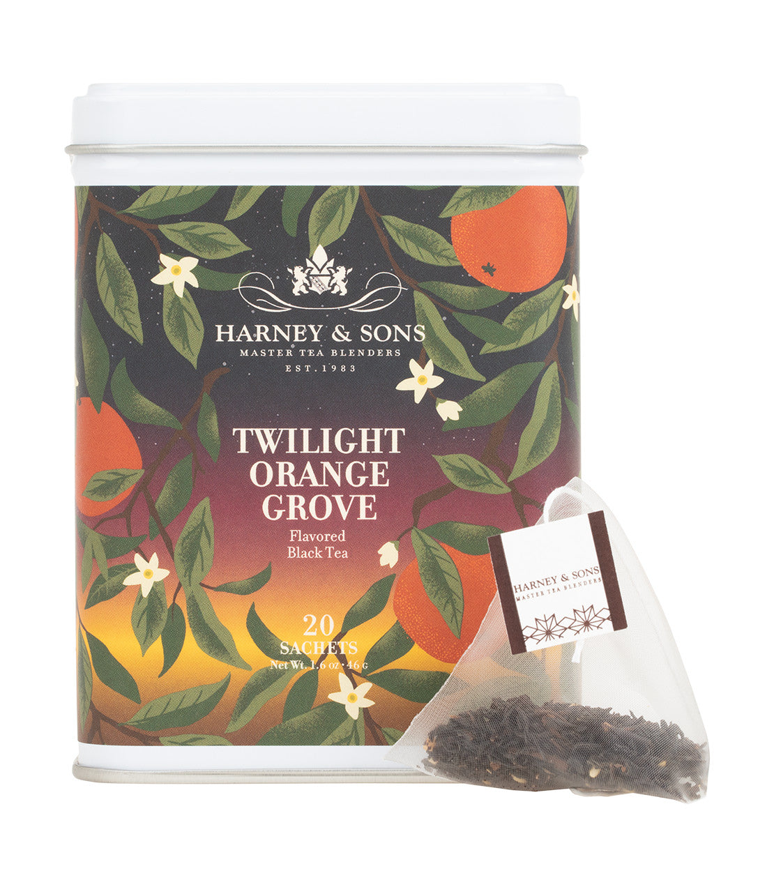 Harney & Sons Fine Teas- Twilight Orange Grove- Flavored Black Tea- White tin of 20 sachets with oranges at sunset label- Pictured with pyramid sachet