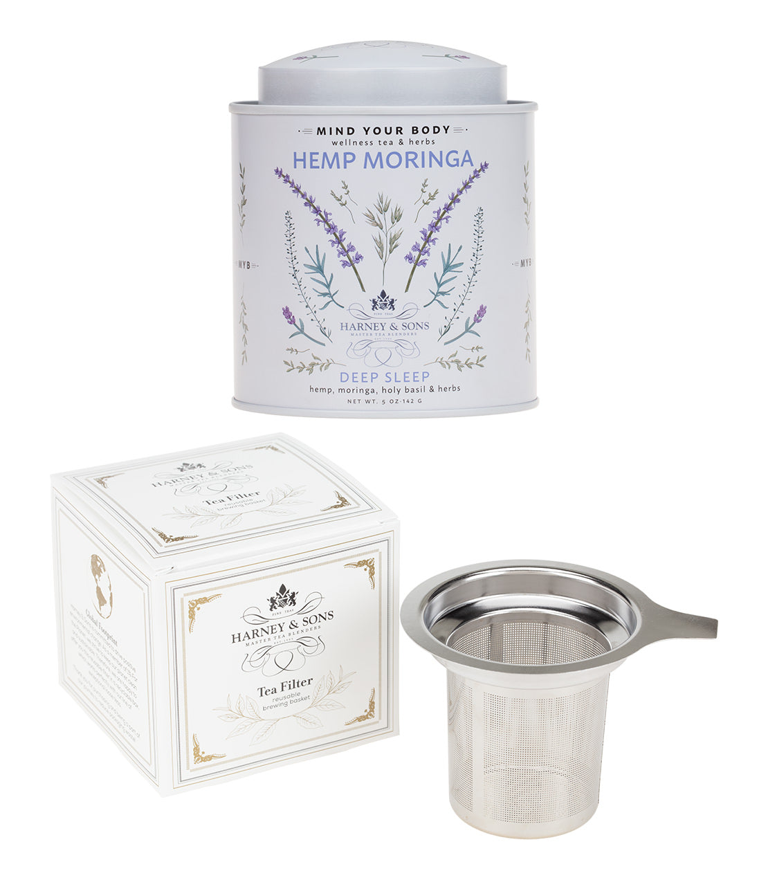 Harney & Sons Fine Teas- Deep Sleep Ritual Bundle- 5oz tin of Hemp Moringa over stainless steel filter with white box.