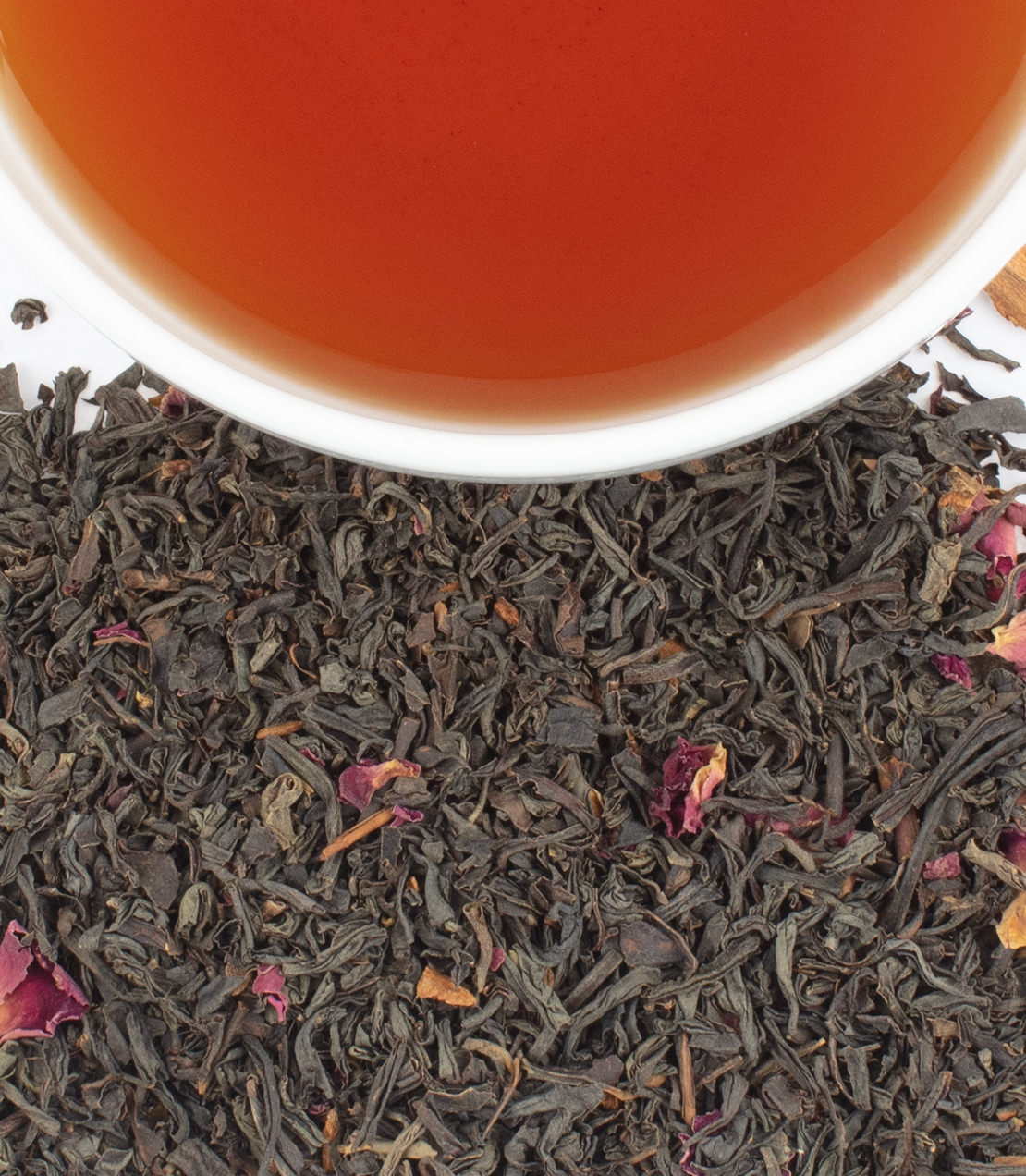 Harney & Sons Fine Teas- Twilight Orange Grove- Shot from above of dry tea leaves and brewed cup of tea