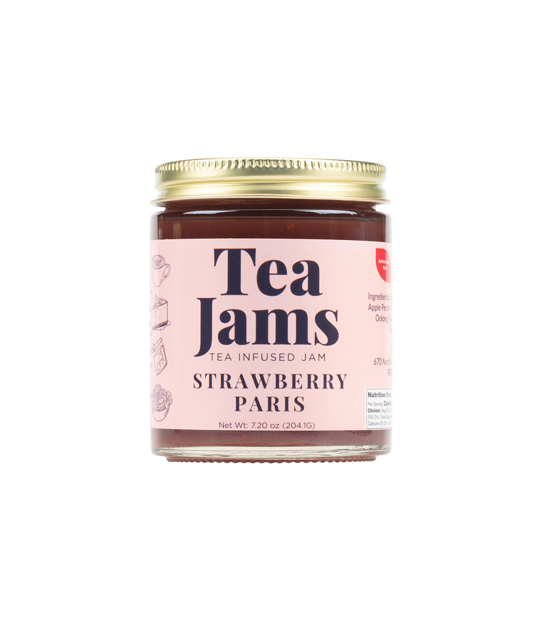 7.2oz jar of Tea Jams in Strawberry Paris flavor with a pink label.