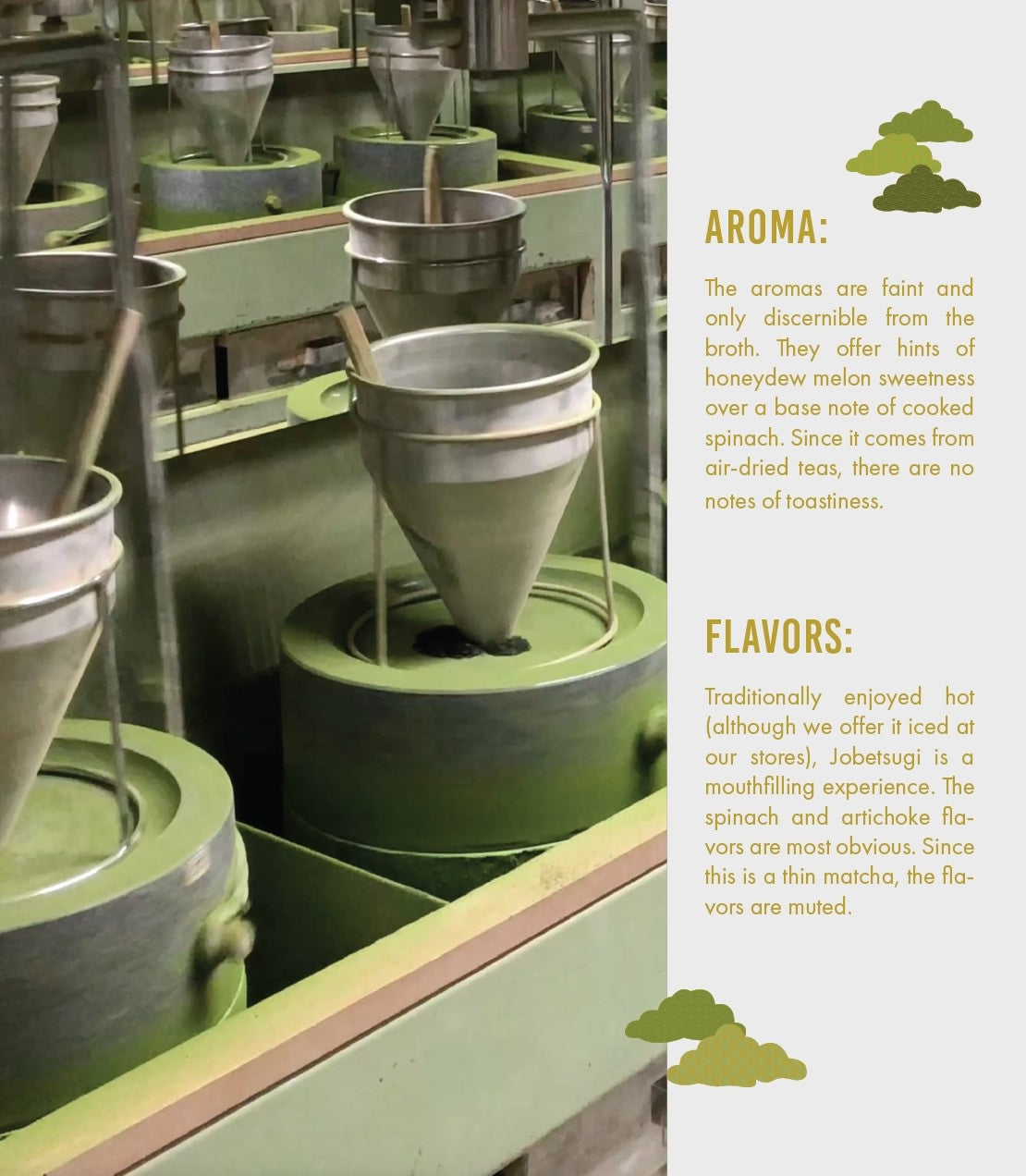 Aroma: The aromas are faint and only discernible from the broth. They offer hints of honeydew melon sweetness over a base note of cooked spinach. Since it comes from air-dried teas, there are no notes of toastiness.
Flavors: Traditionally enjoyed hot (although we offer it iced at our stores), Jobetsugi is a mouth filling experience. The spinach and artichoke flavors are most obvious. Since this is a thin matcha, the flavors are muted,