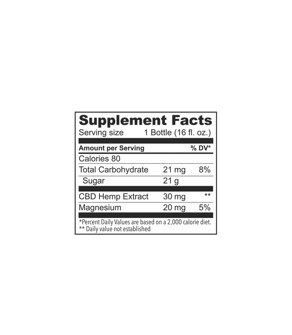 Supplement facts label for Rest - Butterfly Lemonade beverage, detailing calories, carbohydrates, sugar, CBD hemp extract, and magnesium content.