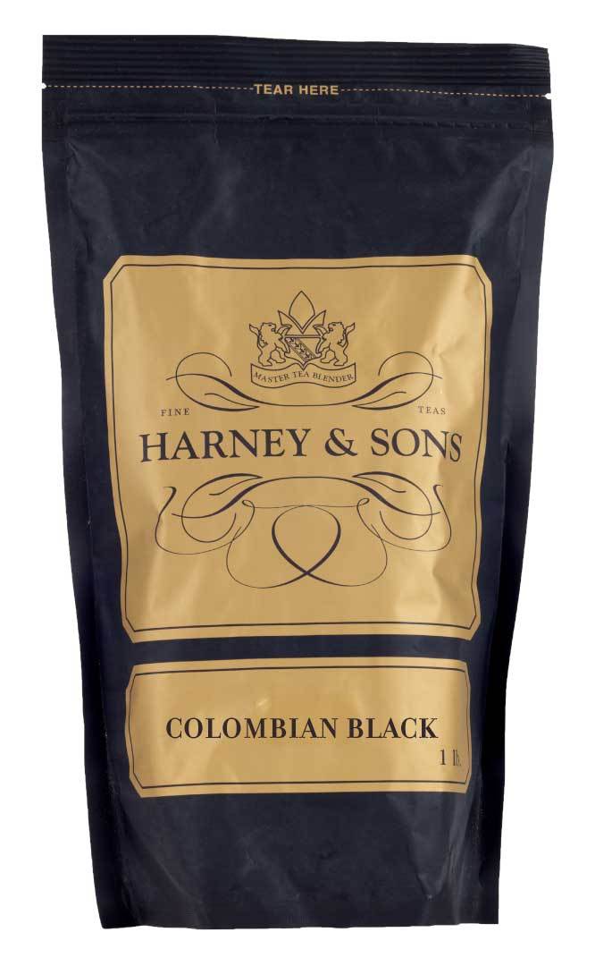 Harney & Sons Colombian Black tea packaging, featuring a black bag with gold accents and branding.