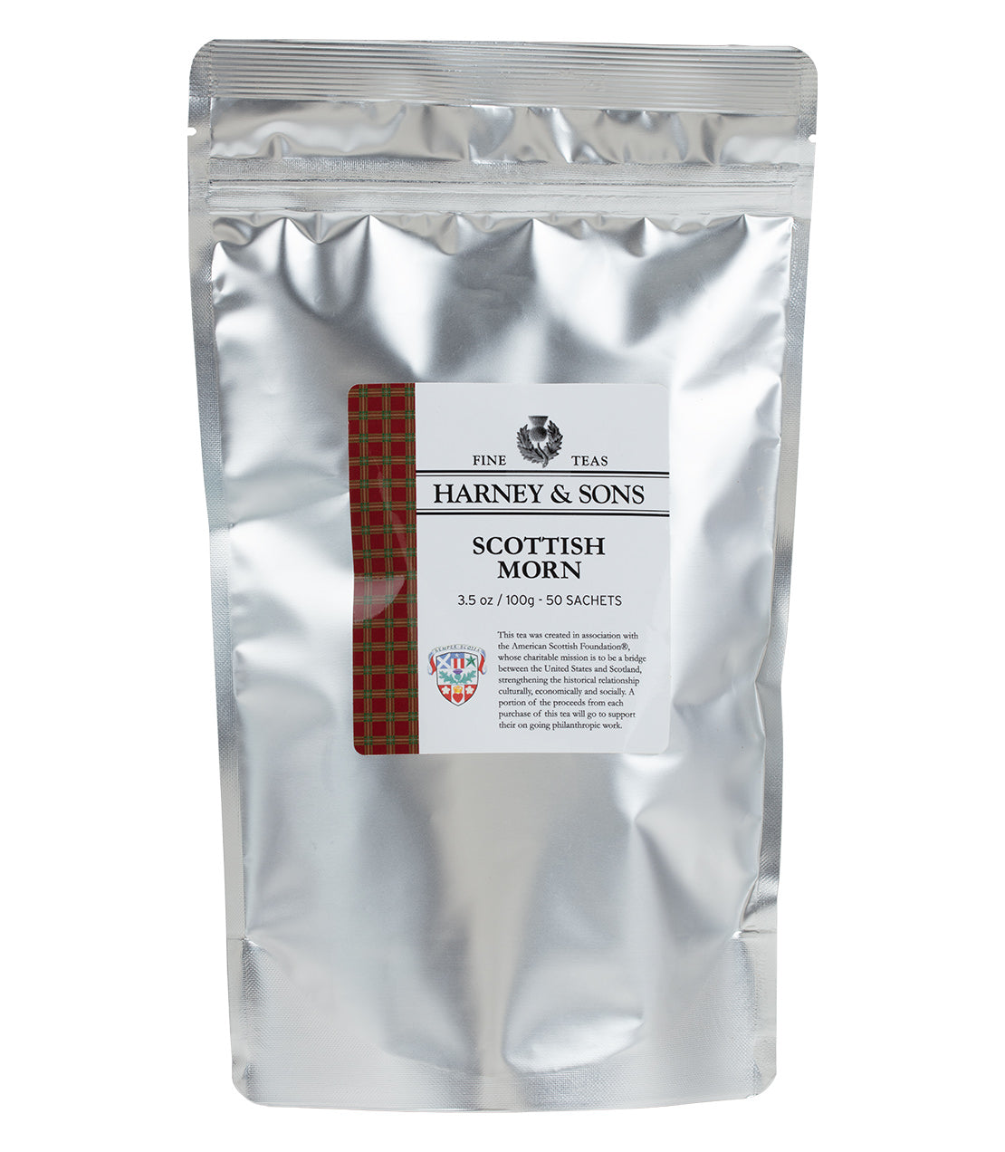 Silver bag of 50 sachets of Harney & Sons Scottish Morn tea, featuring a tartan design and product details.