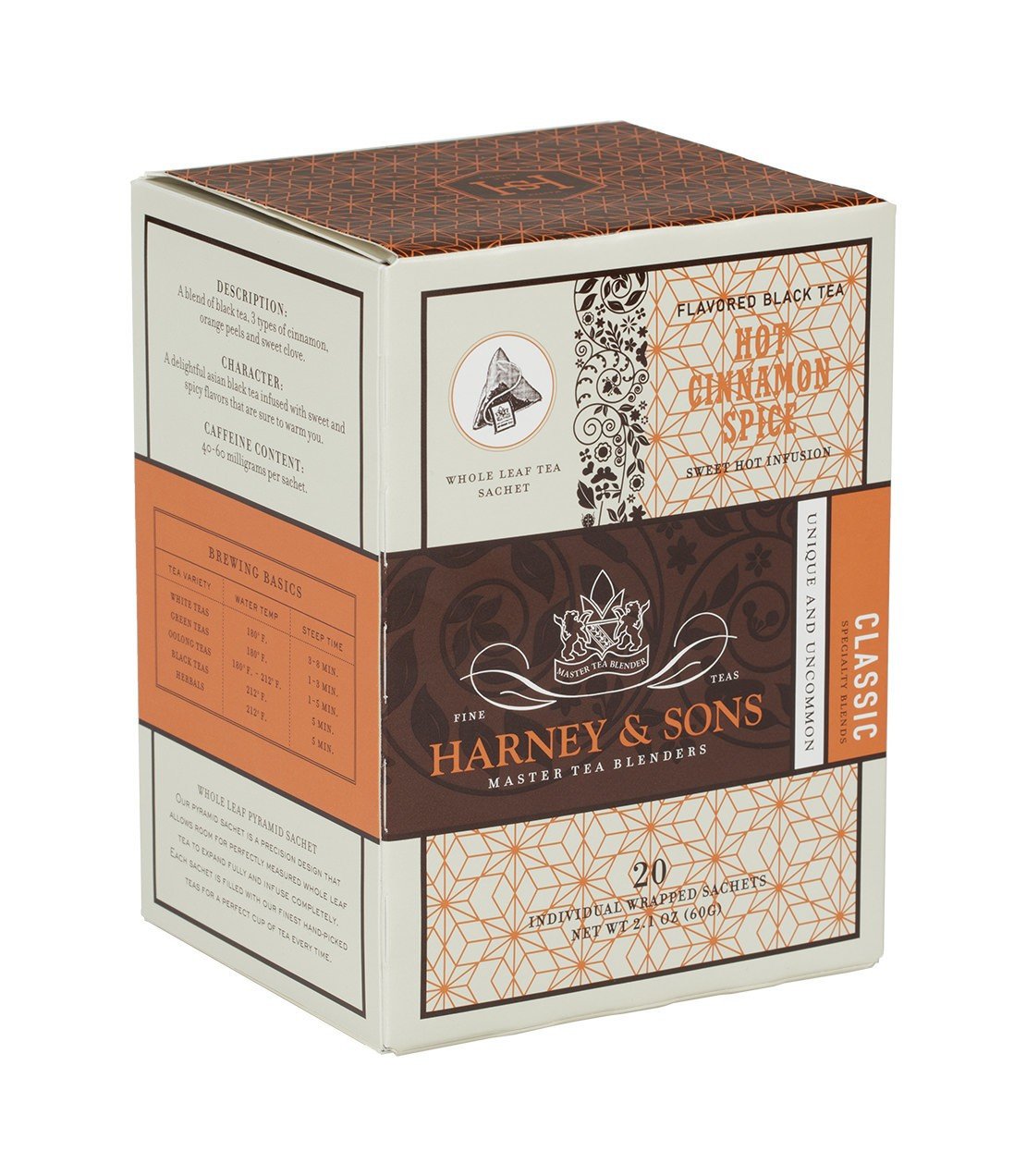 Harney & Sons Hot Cinnamon Spice tea box featuring 20 individual sachets, with a warm orange and brown design.