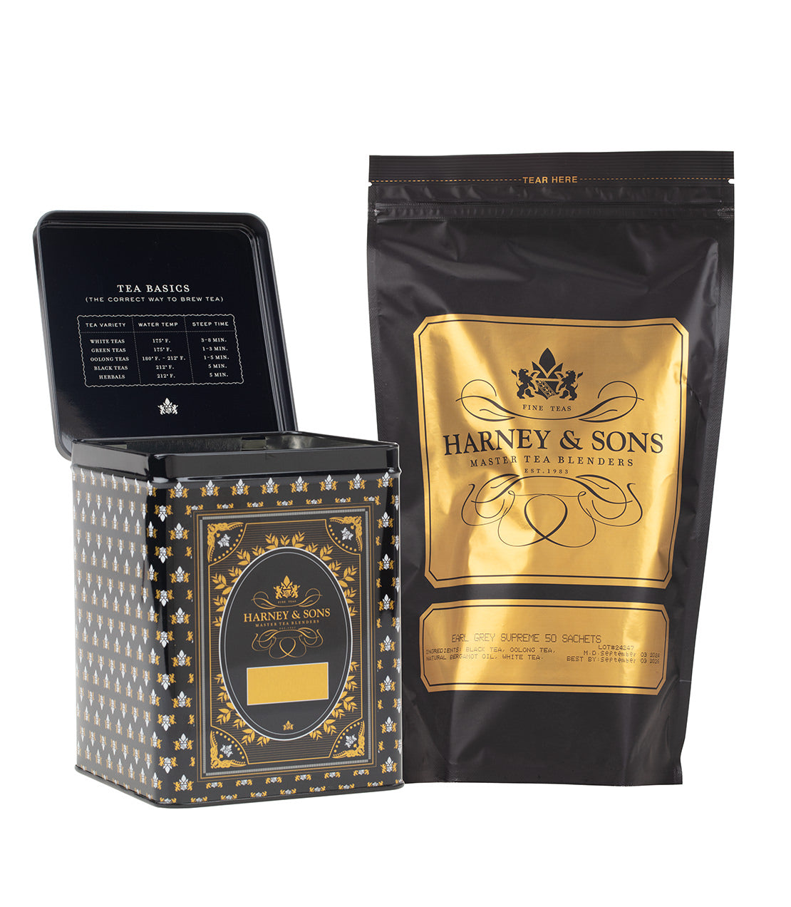 Harney & Sons 50 CT Hinged Canister Bundle featuring Earl Grey Supreme sachets in elegant packaging.