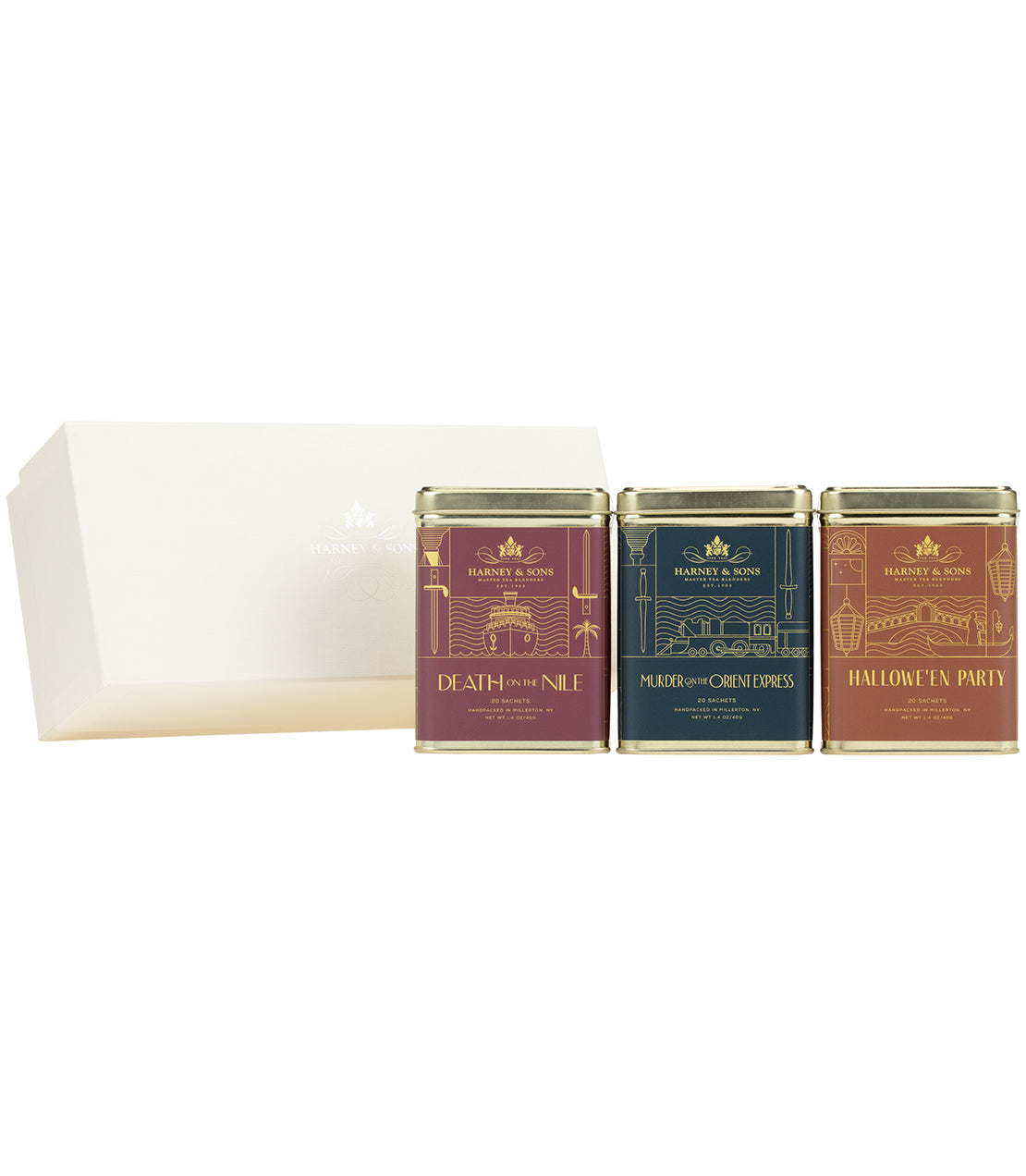Agatha Christie Trio Gift Set featuring three tea tins: "Death on the Nile," "Murder on the Orient Express," and "Halloween Party."
