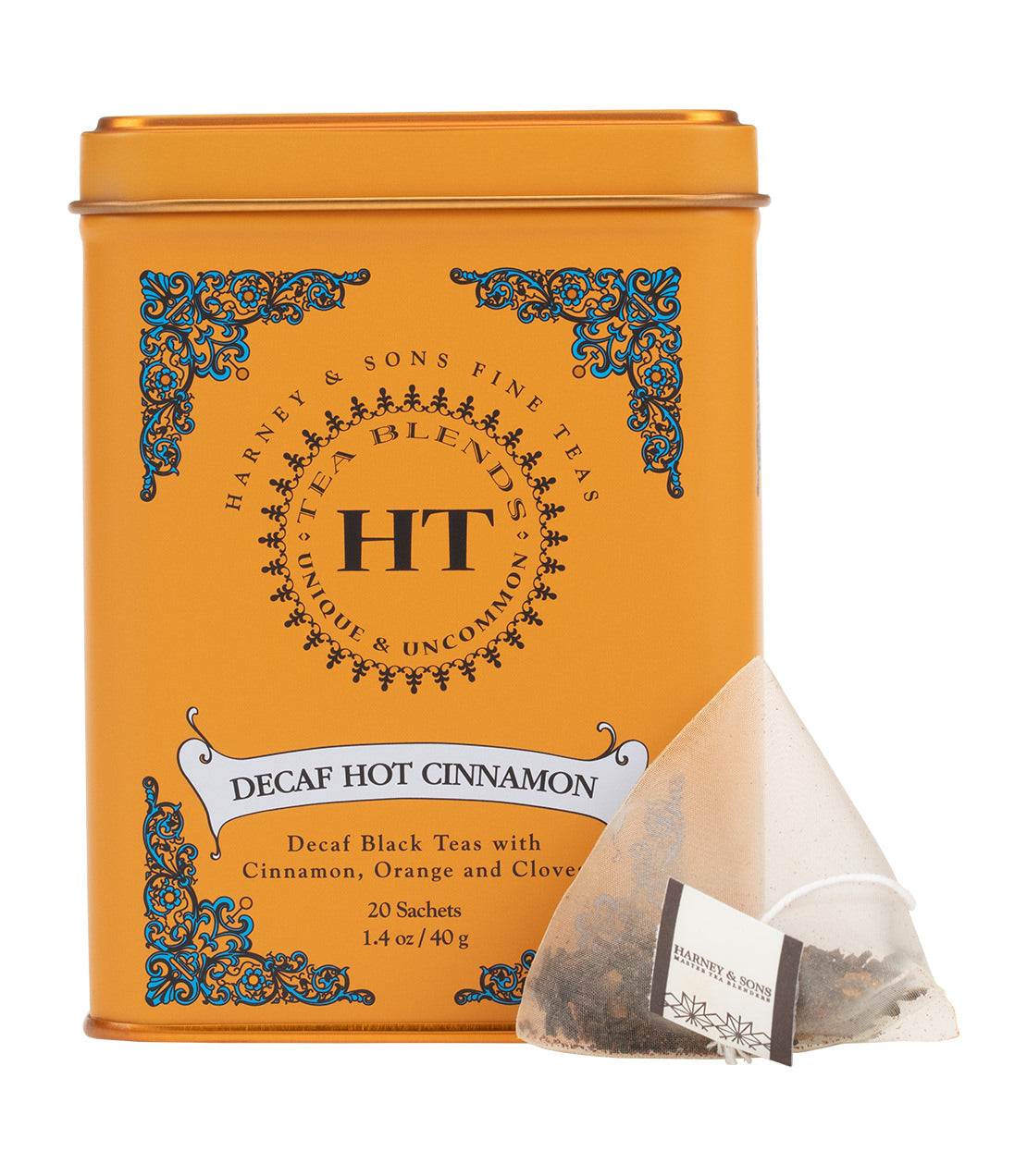 Decaf Hot Cinnamon Spice tea tin with 20 sachets, featuring a blend of cinnamon, orange, and clove.
