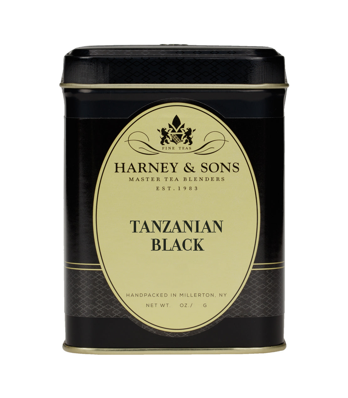 Harney & Sons Tanzanian Black tea tin, black and gold design, 3.5 oz, handpacked in Millerton, NY.