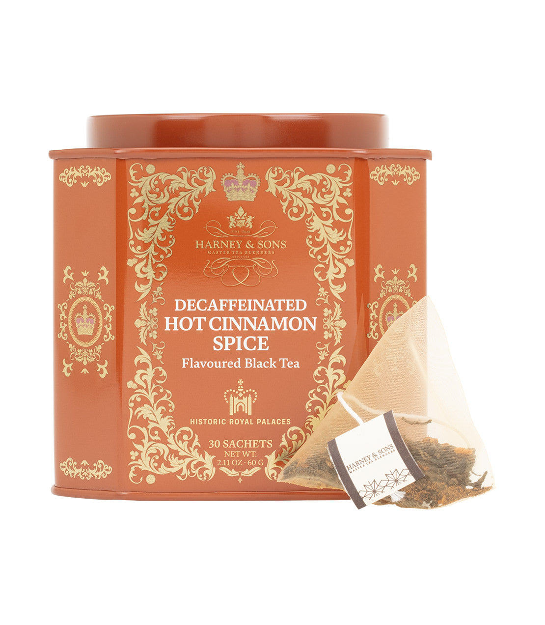 Harney & Sons Fine Teas- Historic Royal Palace Collection- Decaffeinated Hot Cinnamon Spice- Sachet pictured in front of Brown and gold tin of 30 sachets 