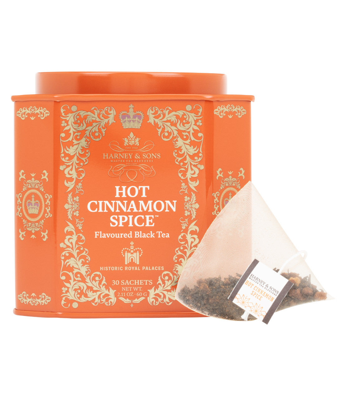 Harney & Sons Fine Teas- Historic Royal Palaces Collection- Decorative orange tin of 30 sachets- Pictured with pyramid sachet