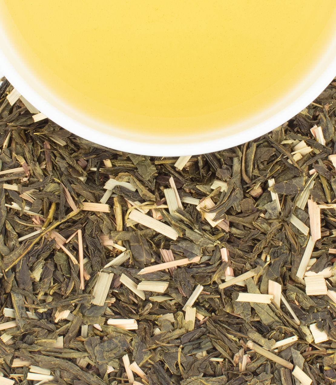 Harney & Sons Fine Teas- Organic Bangkok tea- featuring a blend of green tea and lemongrass, with brewed tea in a cup above.