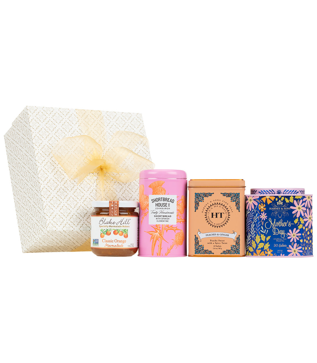 Harney & Sons Fine Teas- Mother's Day Tea and Treats Gift- White box with gold bow-  Floral designed tin of 30 sachets of Mother's Day tea- Blake Hill Classic Orange Marmalade- Shortbread House Shortbread- HT Peaches & Ginger tin of 20 sachets