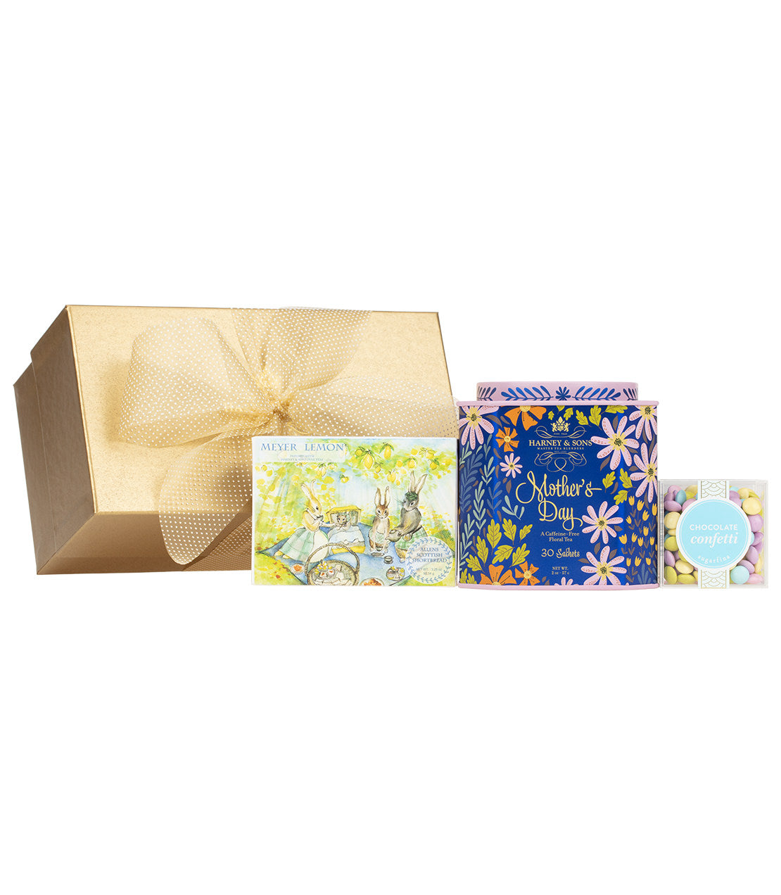 Harney & Sons Fine Teas- Mother's Day Teatime Gift- Golden box with bow- box of Allens shortbread with rabbits having a picnic illustrated on box- Floral designed tin of 30 sachets of Mother's Day tea- clear cube of pastel colored chocolate confetti candy