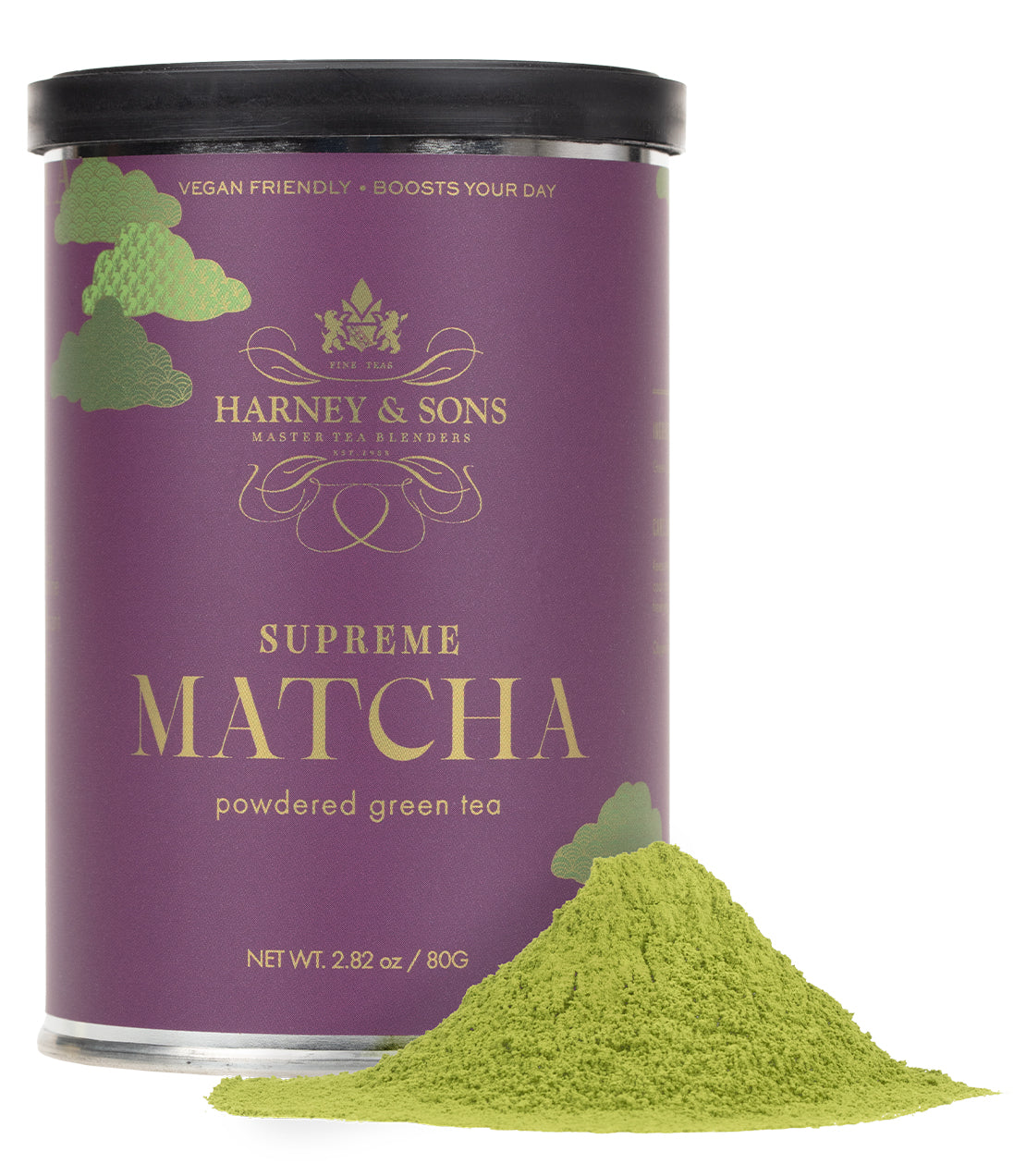 A purple canister of Harney & Sons Supreme Matcha powdered green tea with a mound of vibrant green matcha powder beside it.