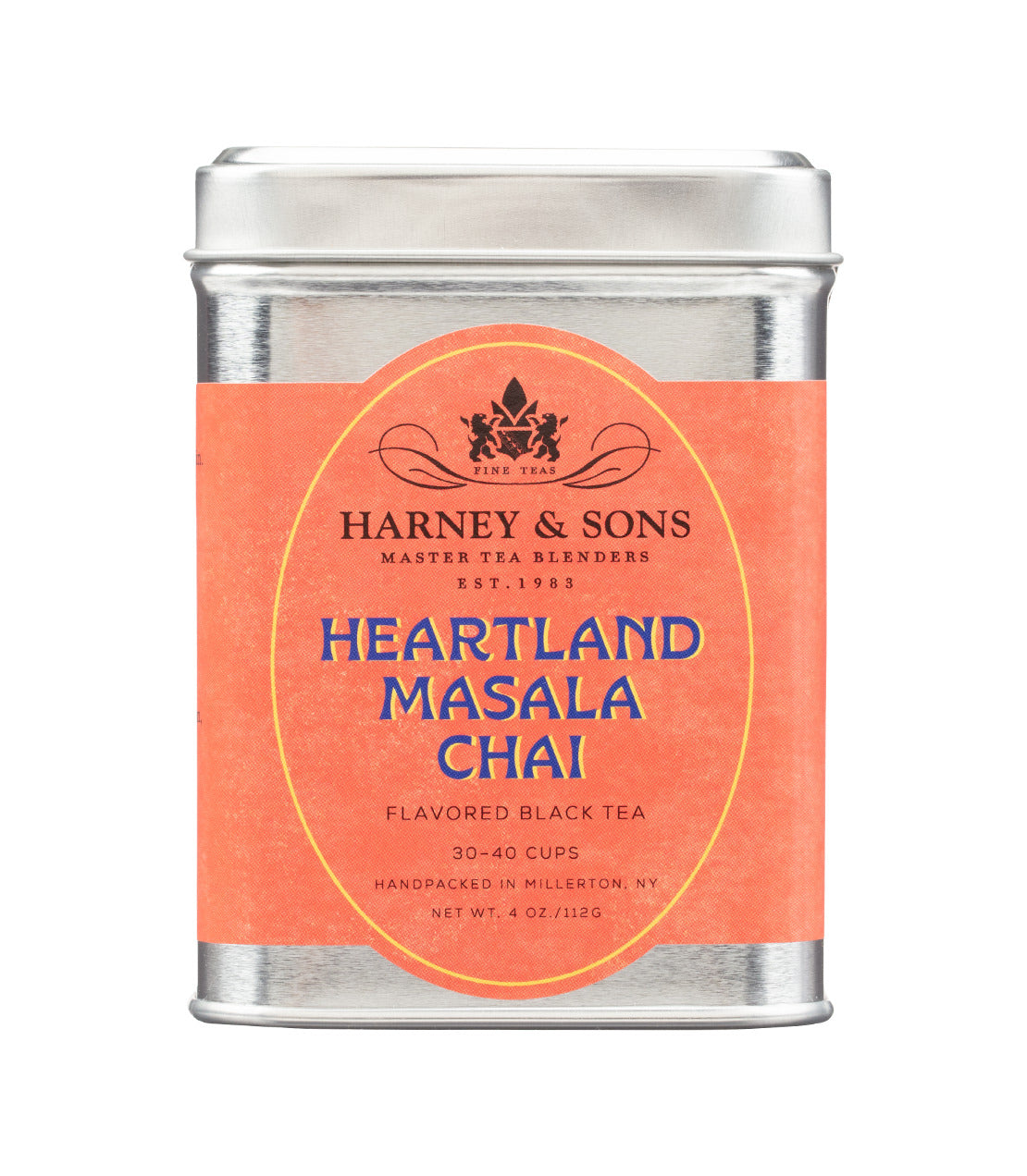 Heartland Masala Chai tea tin featuring vibrant orange design, containing 4 ounces of flavored black tea for 30-40 cups.