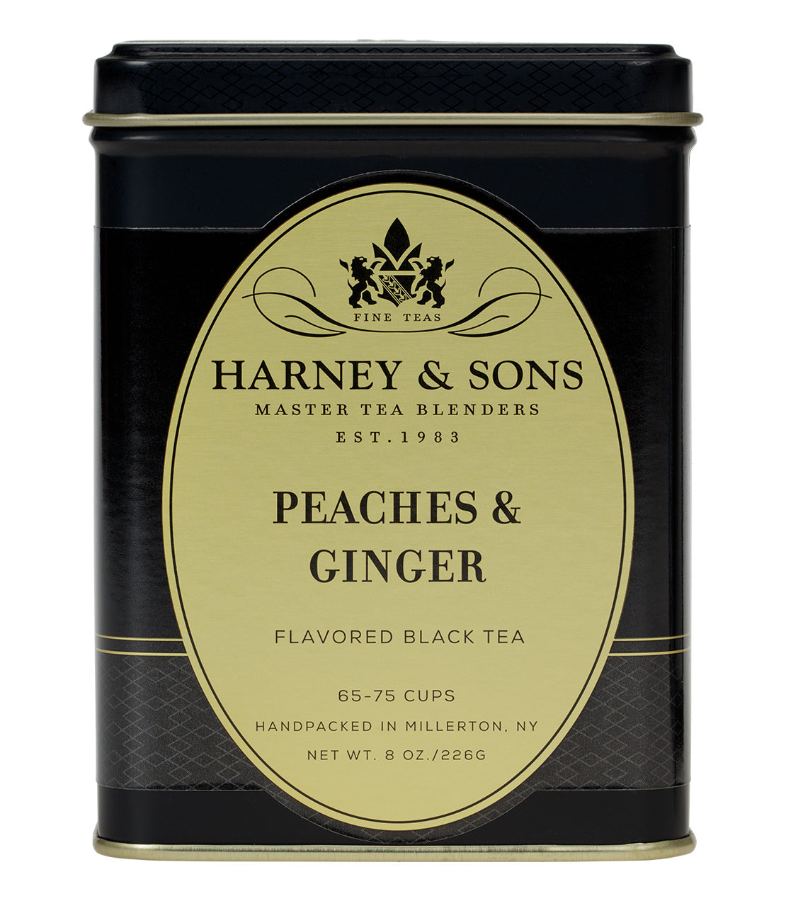 Harney & Sons Peaches & Ginger flavored black tea tin, 8 oz, designed for 65-75 cups, featuring elegant packaging.