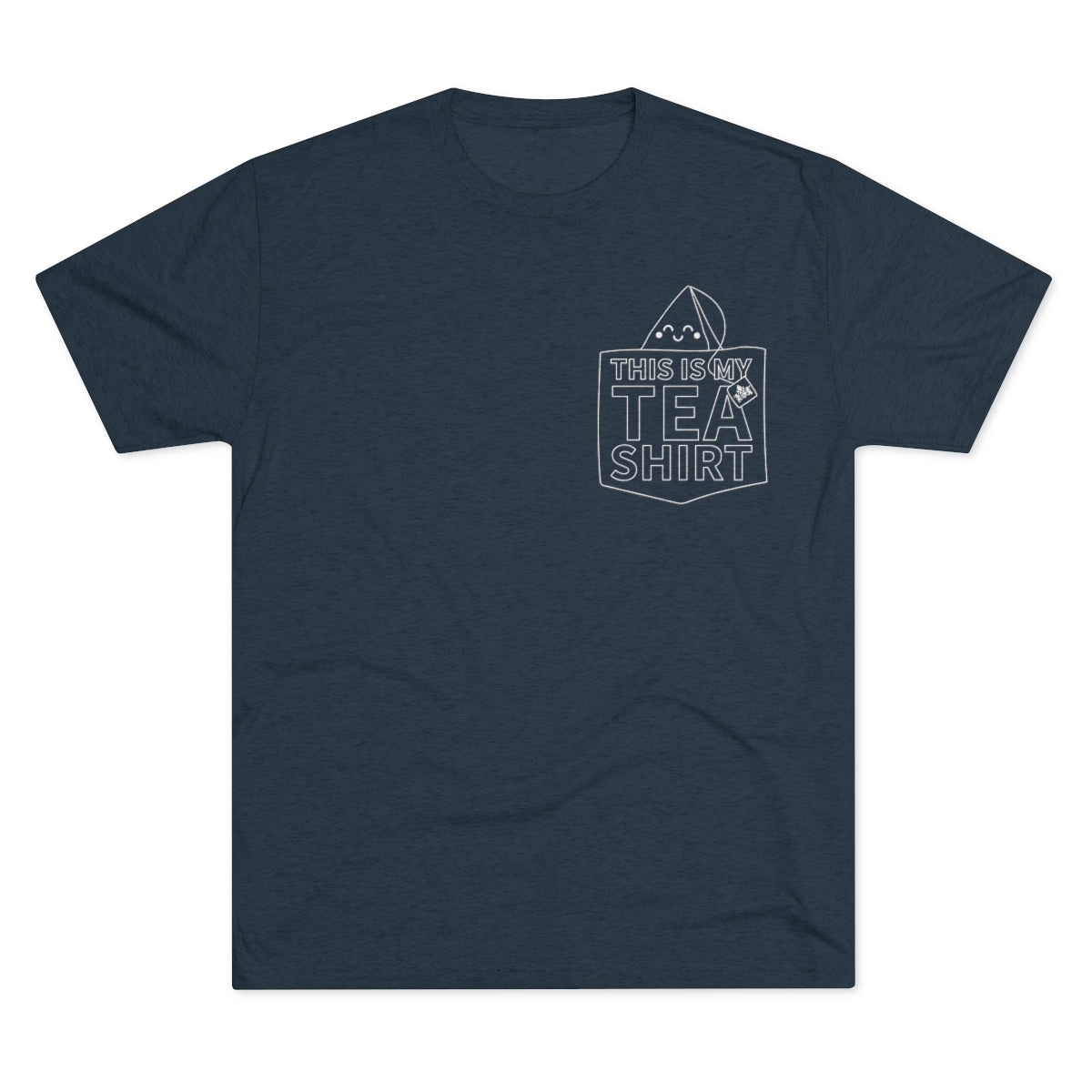 Navy graphic tee featuring the phrase "This Is My Tea Shirt" with a playful tea bag illustration.