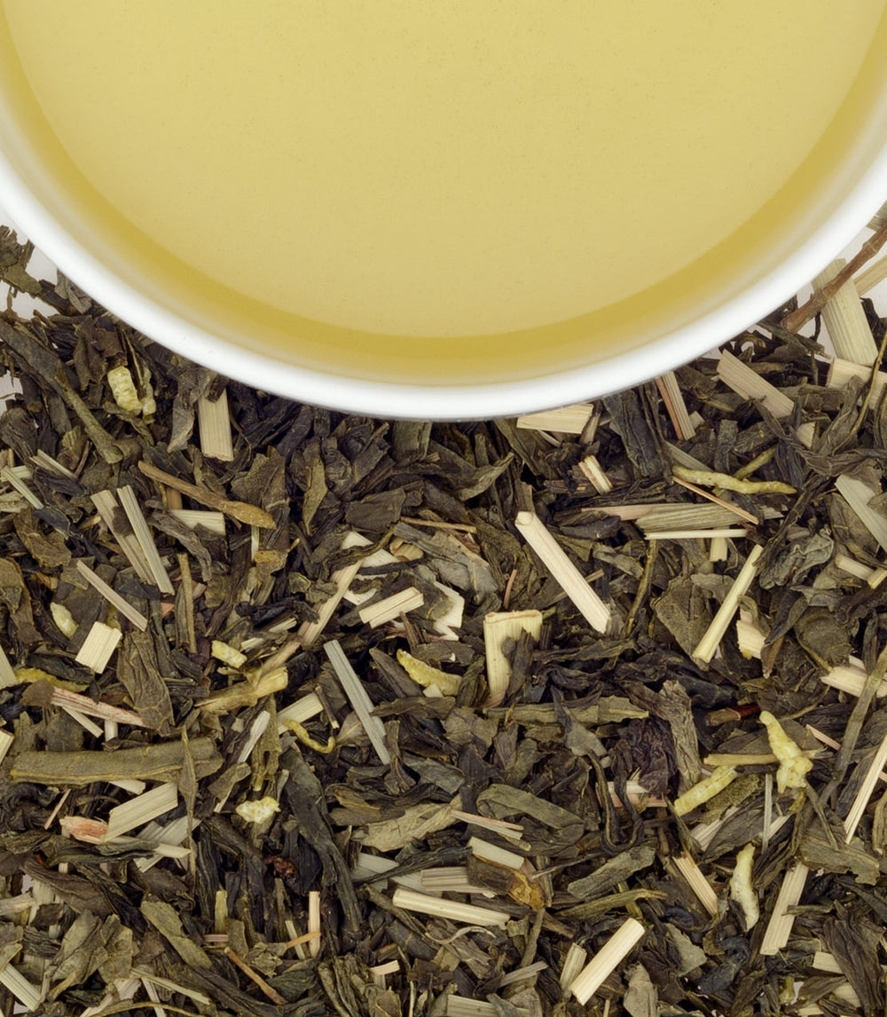 Harney & Sons Fine Teas- Organic Bangkok tea sachets, featuring a blend of green tea and lemongrass, with brewed tea in a cup above.