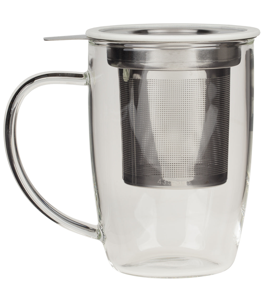 NewLeaf Glass Tall Tea Mug with stainless steel infuser, featuring a clear design and ergonomic handle.