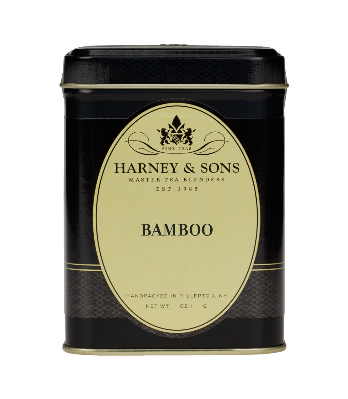 Harney & Sons Bamboo tea tin, black and gold design, featuring elegant branding and product details.