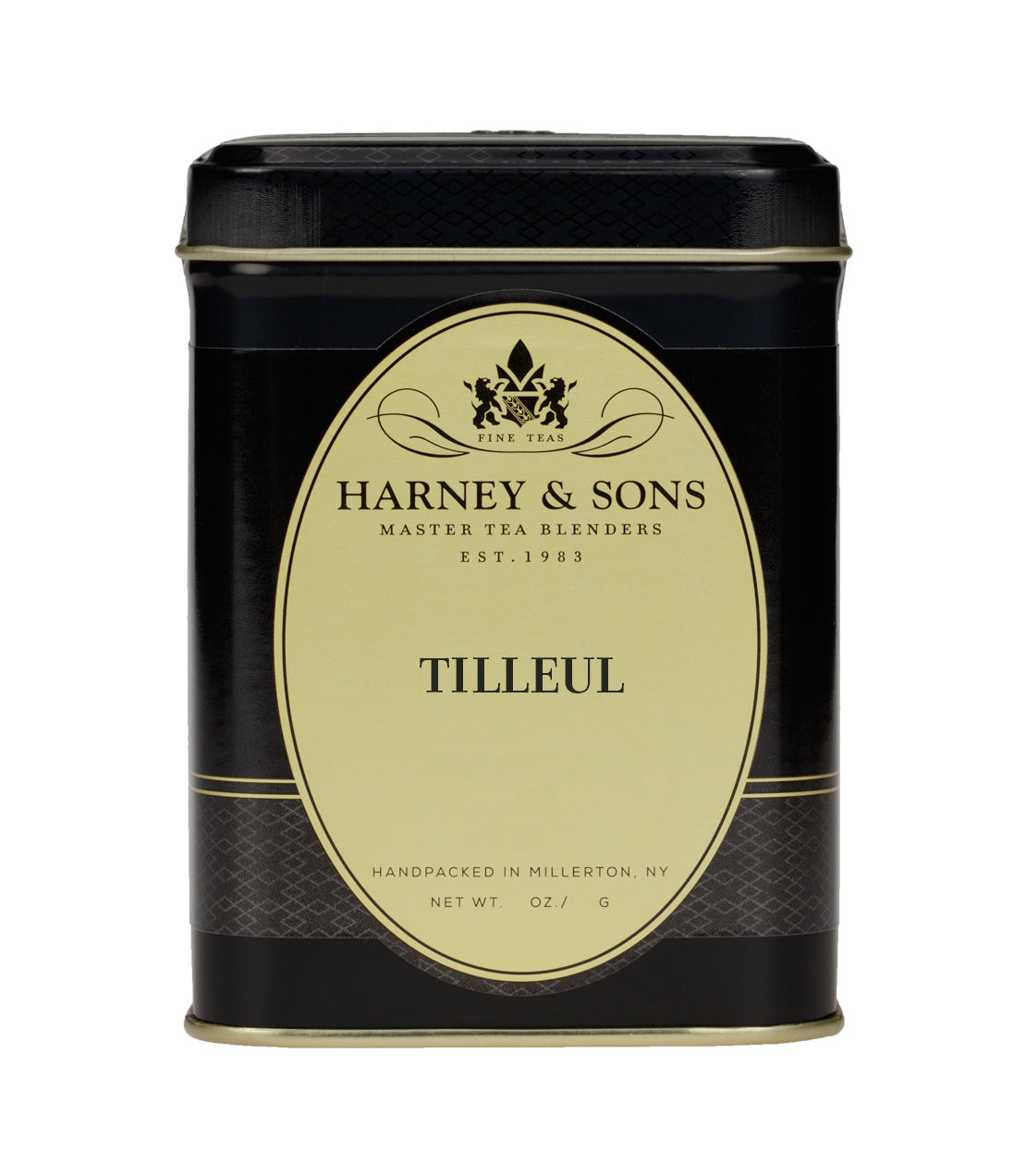 Harney & Sons Tilleul tea tin, featuring a black and gold design, labeled "Tilleul" with net weight details.