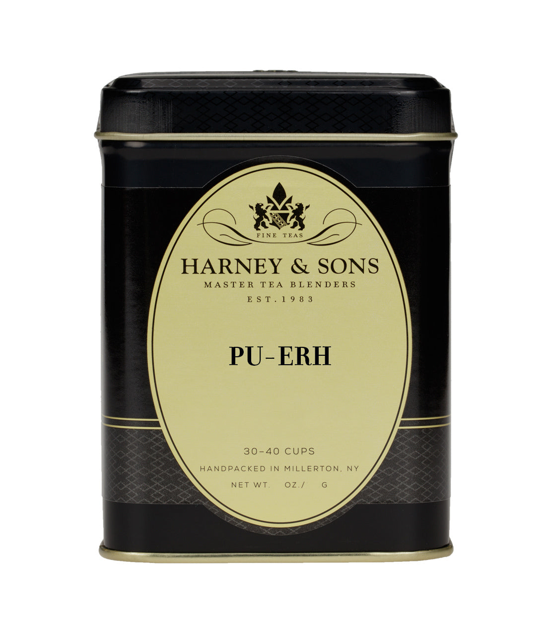 Harney & Sons Pu-Erh tea tin, black with gold accents, contains 30-40 cups of handpacked tea.