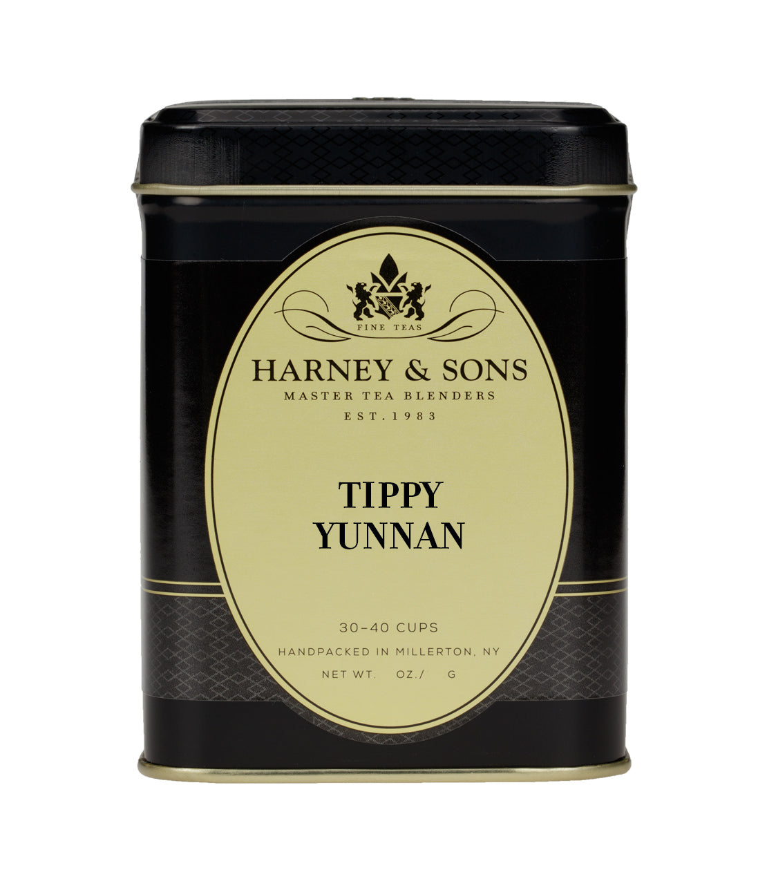 Tippy Yunnan tea tin by Harney & Sons, featuring elegant black and gold design, holds 30-40 cups of fine tea.
