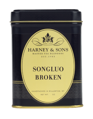 Black tin of Harney & Sons Songluo Broken tea, featuring elegant gold label and branding.
