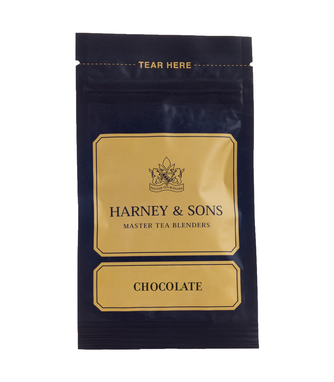 Harney & Sons Chocolate Tea packaging, featuring a blue bag with gold accents and the brand name prominently displayed.