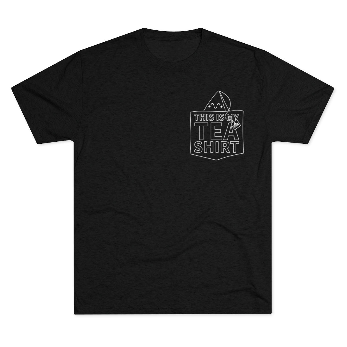 Black graphic tee featuring the phrase "This Is My TEA SHIRT" with a tea bag illustration in a pocket design.