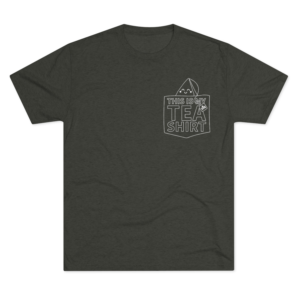 Olive green graphic tee featuring the text "This Is My TEA SHIRT" with a tea bag illustration.