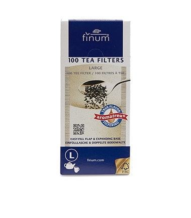 Finum large paper tea filters box containing 100 filters for brewing loose leaf tea.